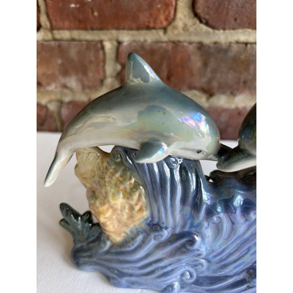 Vintage Dolphin Pod Family Blue Ceramic Iridescent Lusterware 6 Dolphin Family - Picture 5 of 7